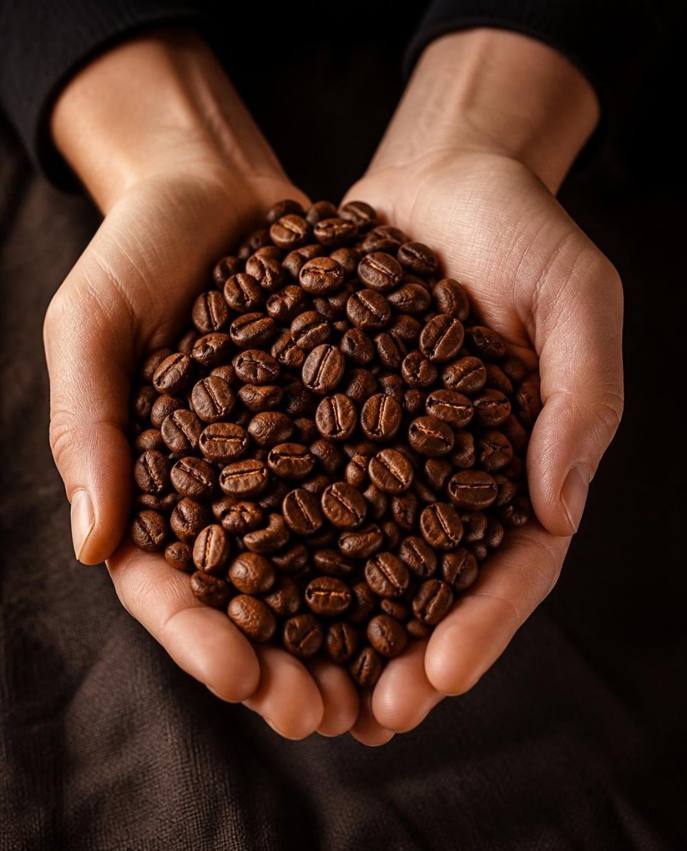 A handful of roasted Arabica AAA beans